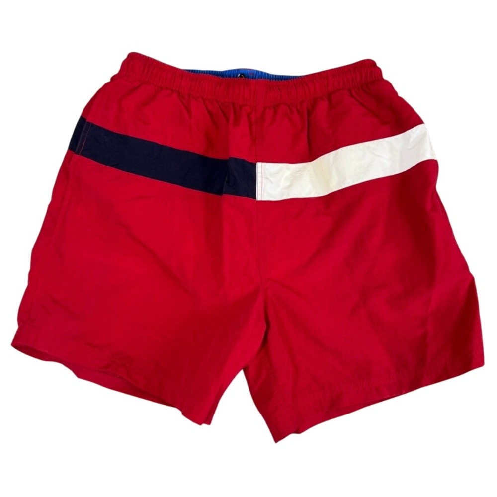 Boca Classics Mens Red Navy White Striped Swim Trunks Size M Nylon Mesh Lined